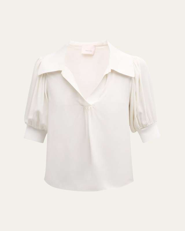 Weldon Collared V-Neck Short-Sleeve Silk Combo Top